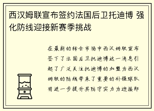 西汉姆联宣布签约法国后卫托迪博 强化防线迎接新赛季挑战